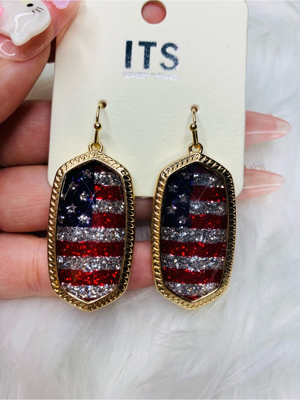 Gold-Tone American Flag Glitter Drop Earrings - Red, Blue, Silver